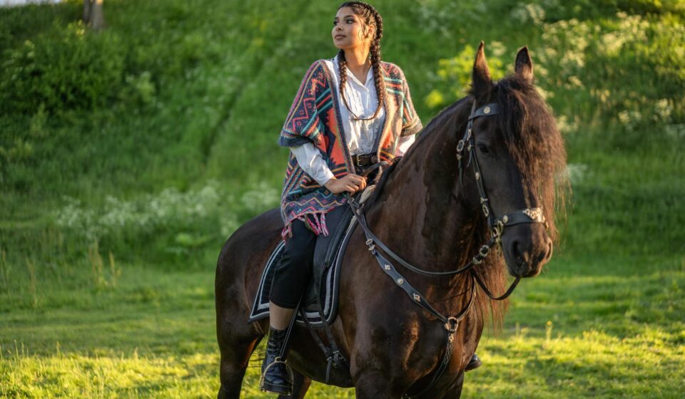 person riding horse at night